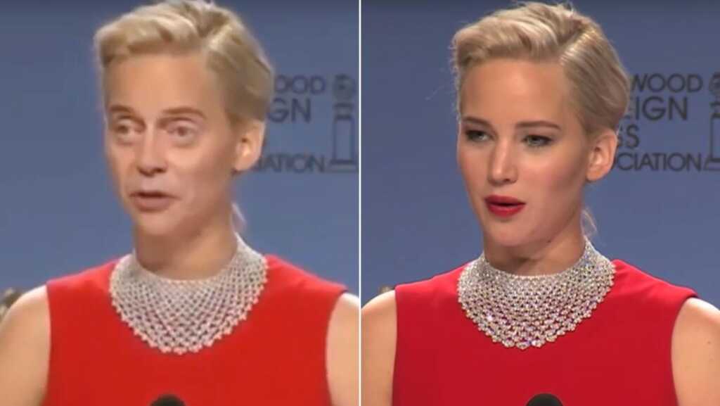 Deepfake AI generated photo of Steve Buscemi face swapped onto the body of Jennifer Lawrence
