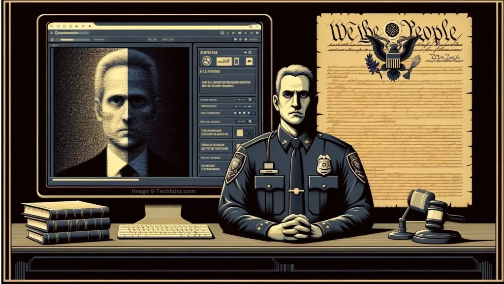 Deepfake-inspired_illustration_of_police_officer_with_split-face_portrait_&_We_the_People_backdrop-techlairs